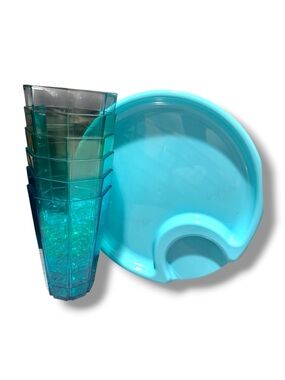 Pampered Chef Blue Green Outdoor Plates and Matching acrylic Cups Set of 12